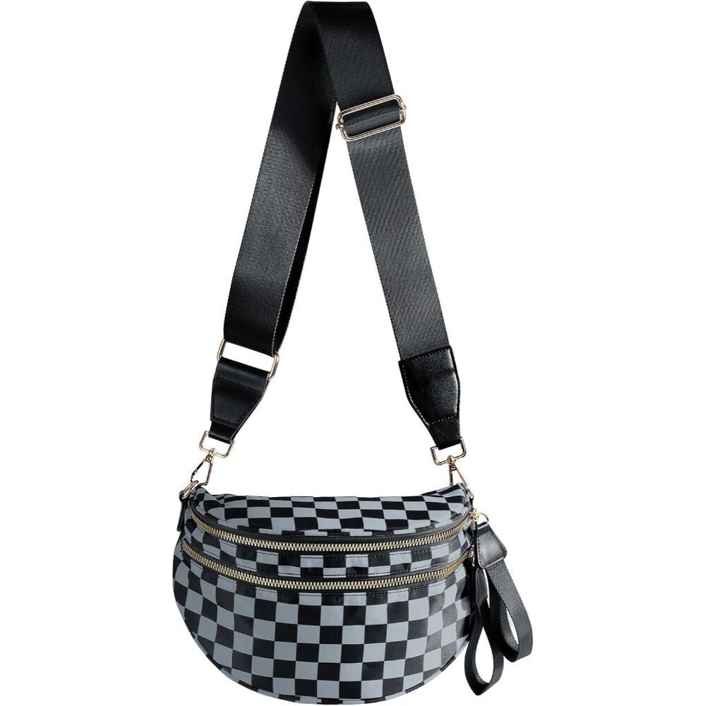 Women Dark Gray Imported Polyester Checkered Crossbody Fanny Packs Belt Bum Bag